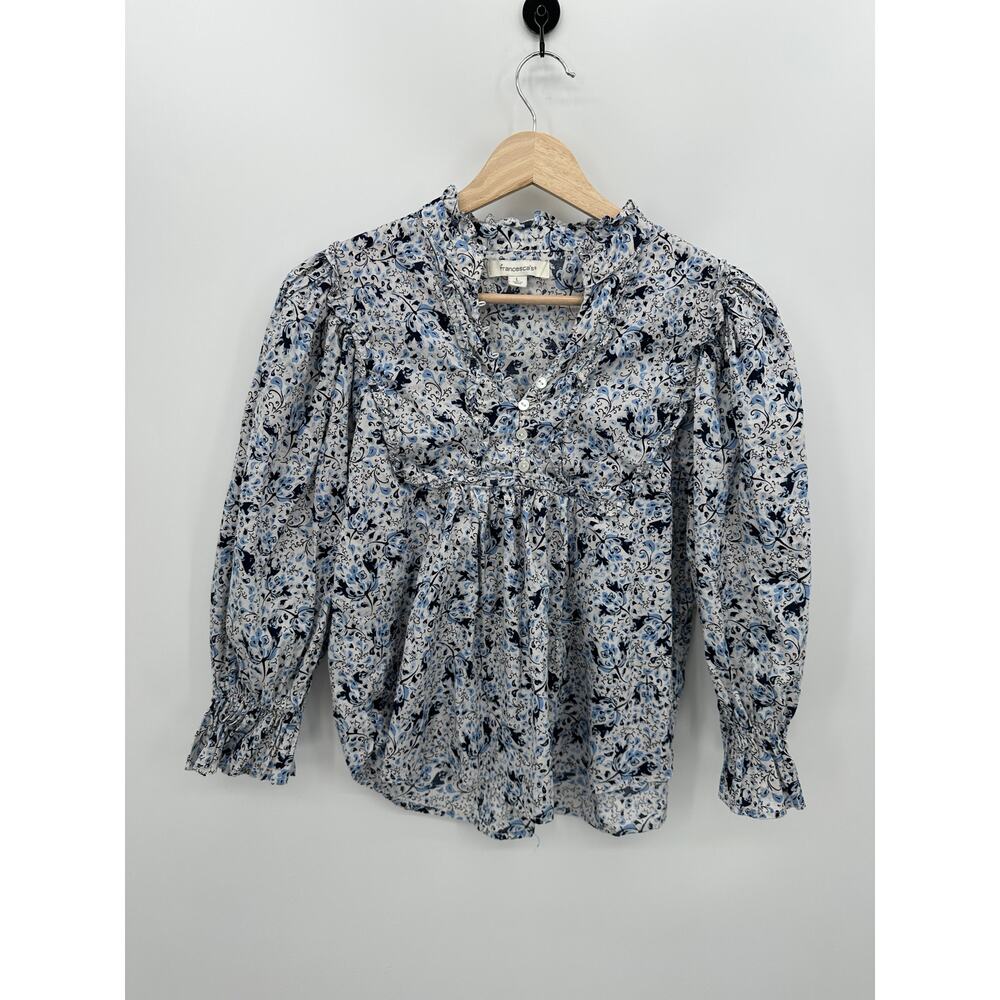 Francesca's‎ Blue Floral Peasant Blouse Women Large Smocked Boho V Neck DCS441